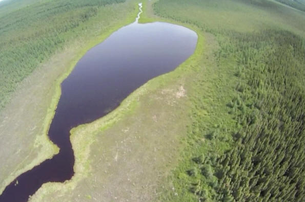 Photo aérienne d'une grande mare près de la tourbière Cikwanikaci